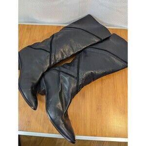 Leather Caressa Spain Knee High Boots Vintage Black 80s 90s Low Heel Sz 9 (U05)